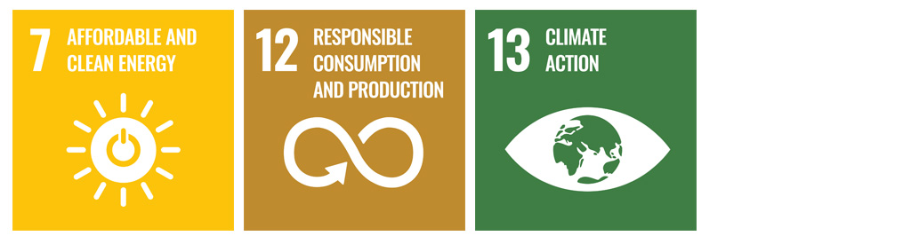 Icons representing UN sustainability goals 7 (affordable and clean energy), 12 (responsible consumption and production) and 13 (climate action)